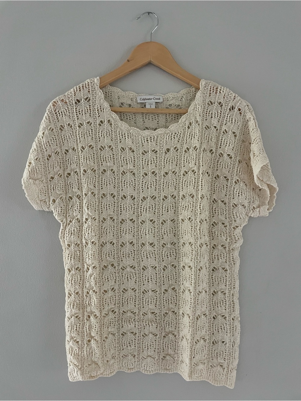 Coldwater Creek Cream Openwork Crochet Short Sleeve Blouse